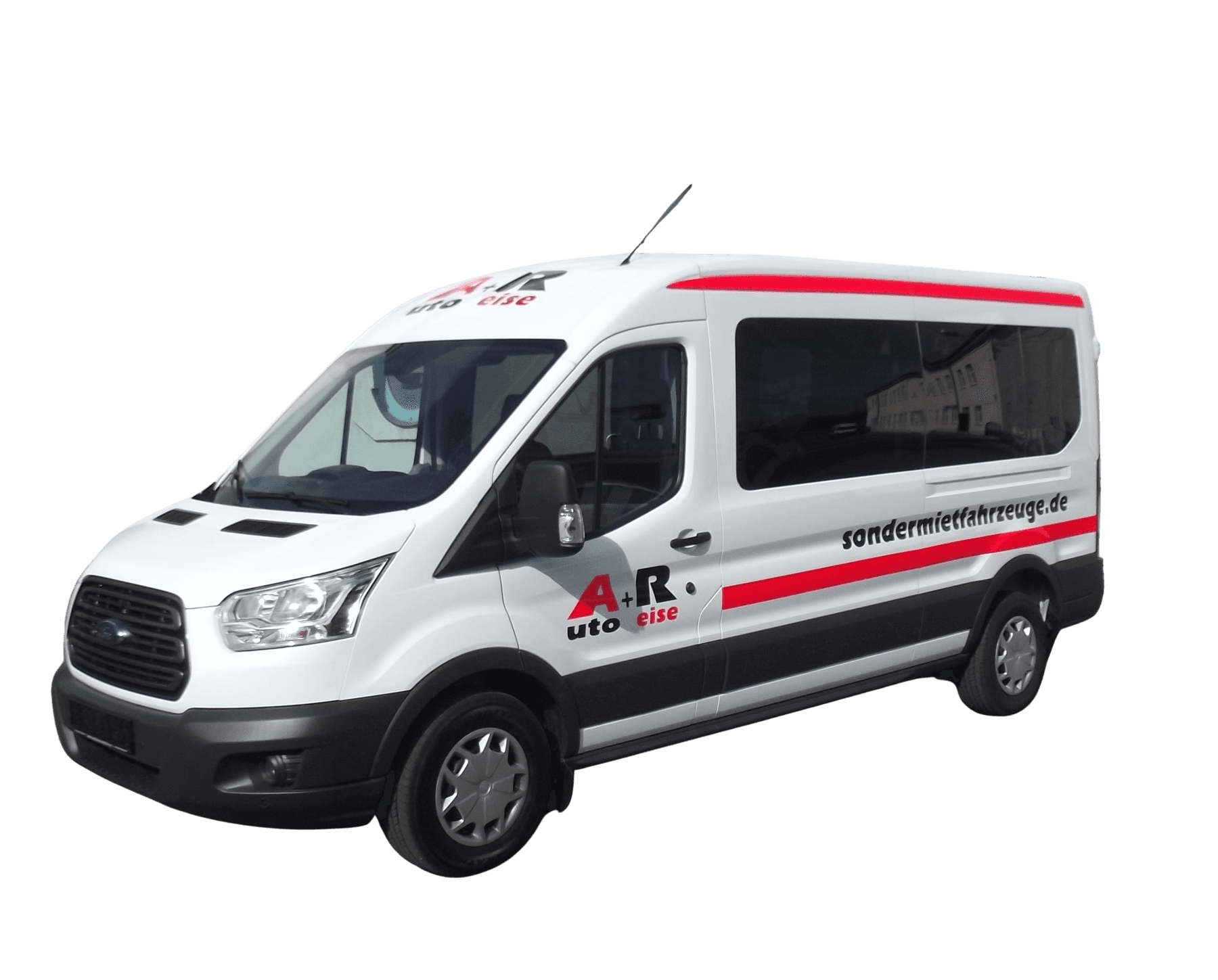 Ford Transit Kleinbus in Weiß mit roter Beschriftung von A+R und sondermietfahrzeuge.de